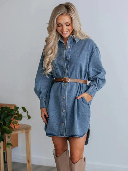 Button Up Collared Neck Long Sleeve Denim Dress Carauana Store