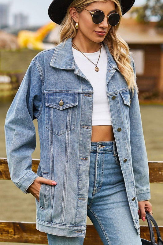 Buttoned Collared Neck Denim Jacket with Pockets Carauana Store