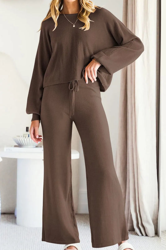 Round Neck Long Sleeve Top and Pants Set Carauana Store