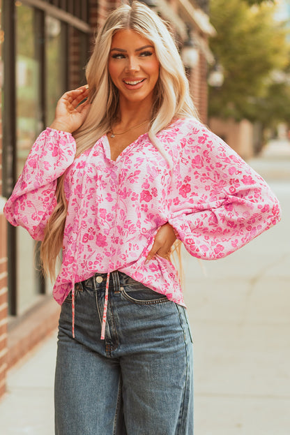 Pink Floral Puff Sleeve Split Neck Lightweight Blouse