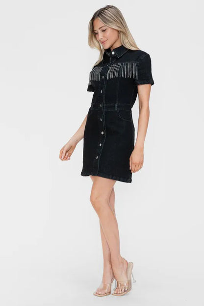 bytos Full Size Embellished Button Down Short Sleeve Denim Dress Carauana Store