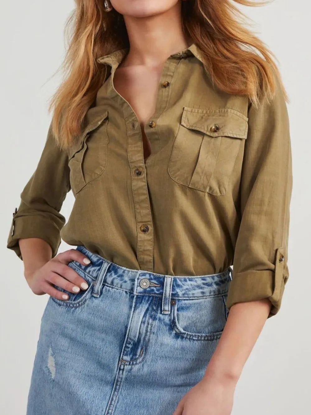 Collared Neck Roll-Tab Sleeve Denim Top Carauana Store