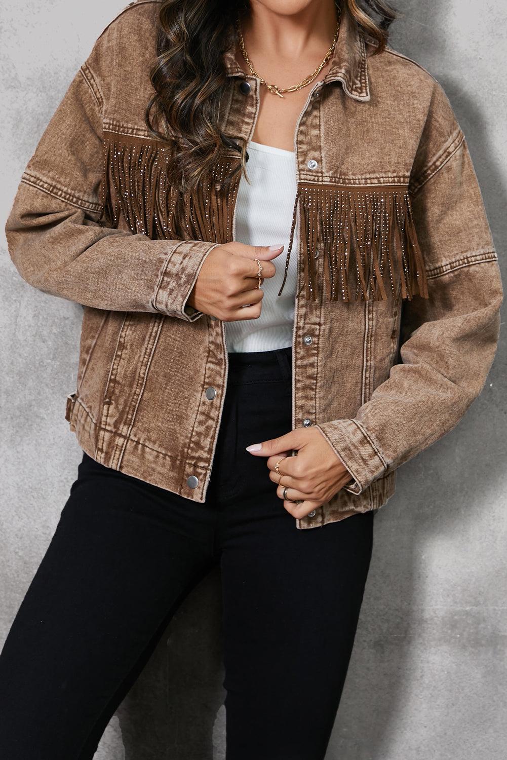 Fringe Trim Snap Down Denim Jacket Carauana Store