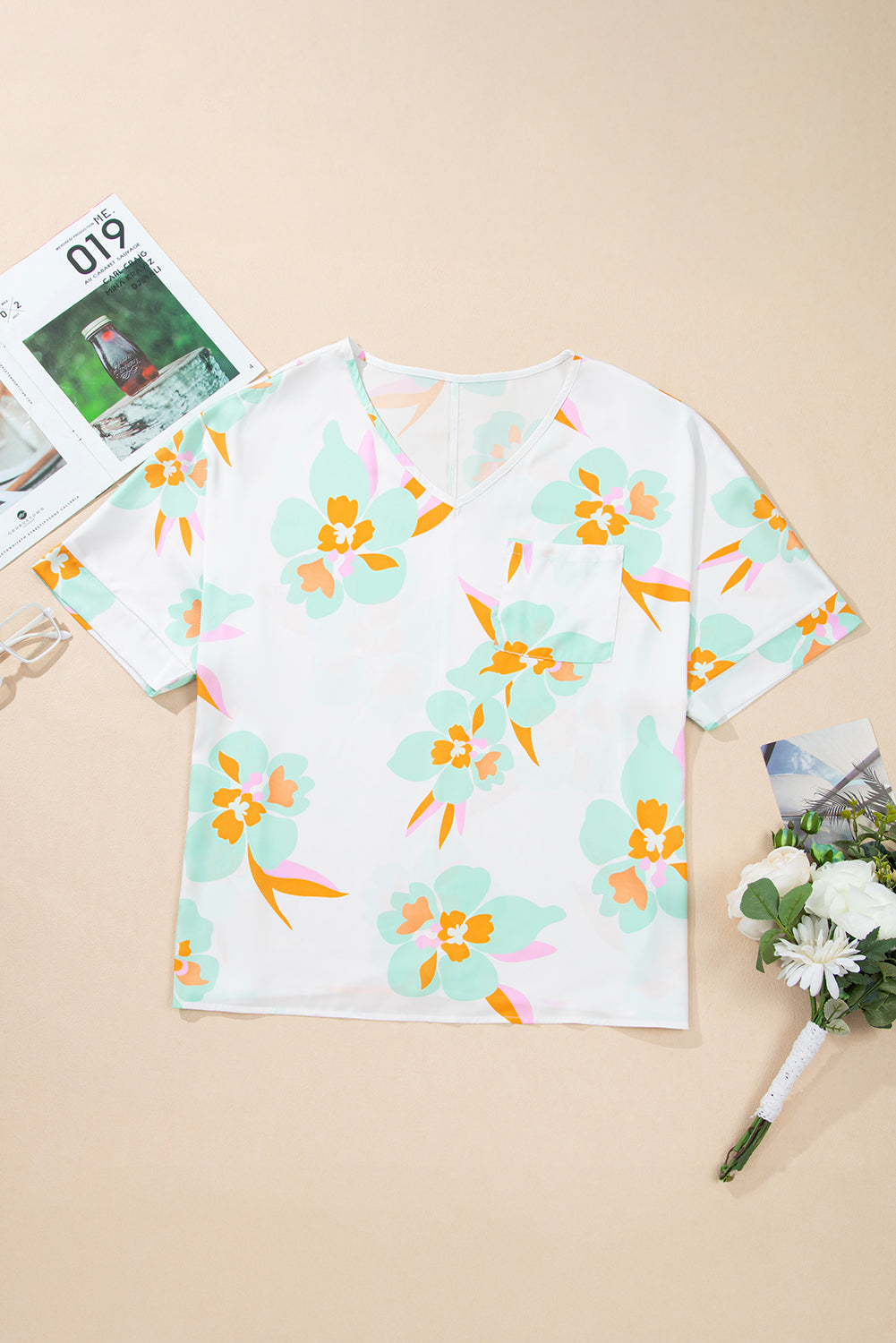 Green Floral Print Loose Fit V Neck Half Sleeve Blouse