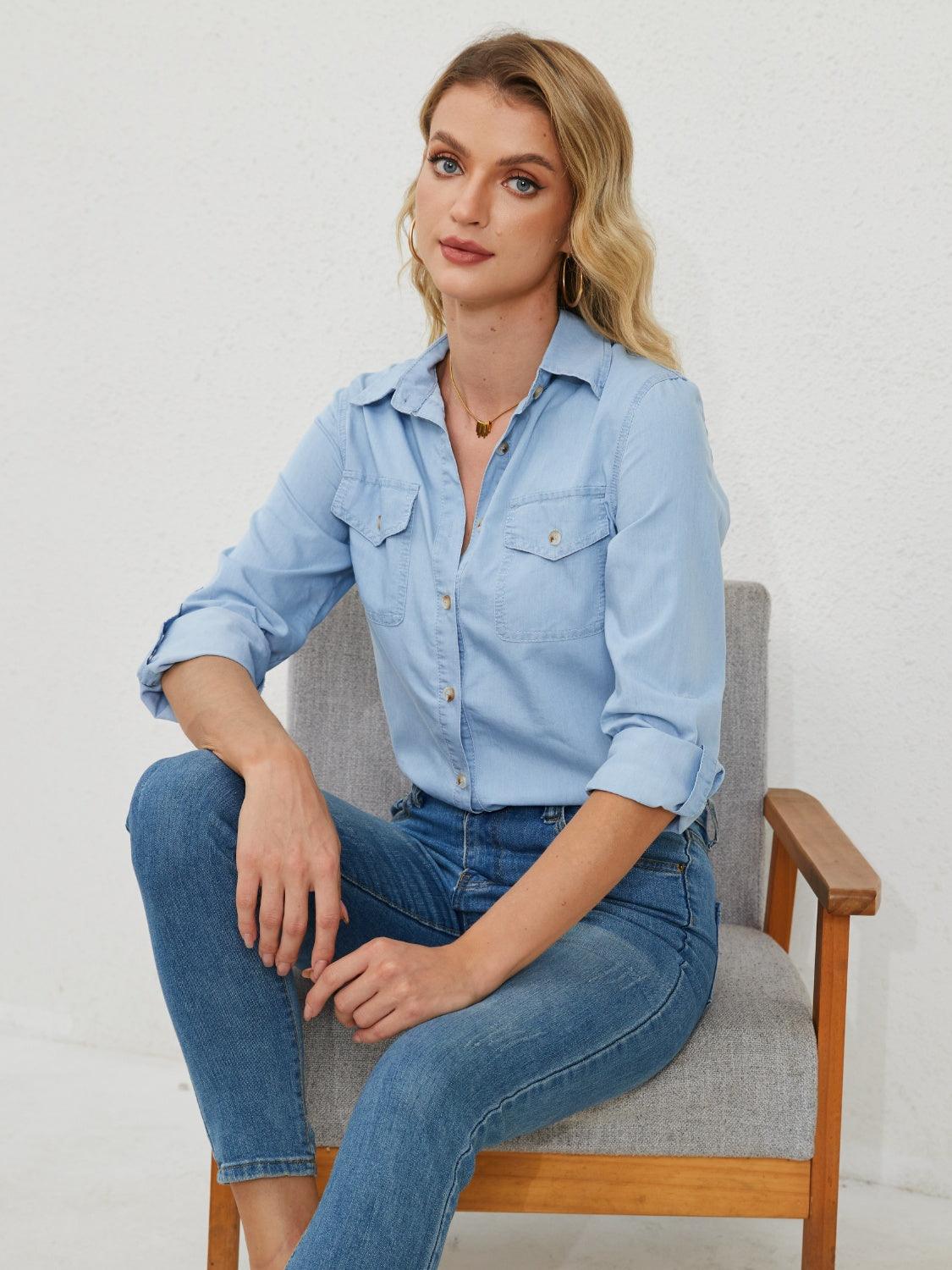 Pocketed Button Up Long Sleeve Denim Shirt Carauana Store