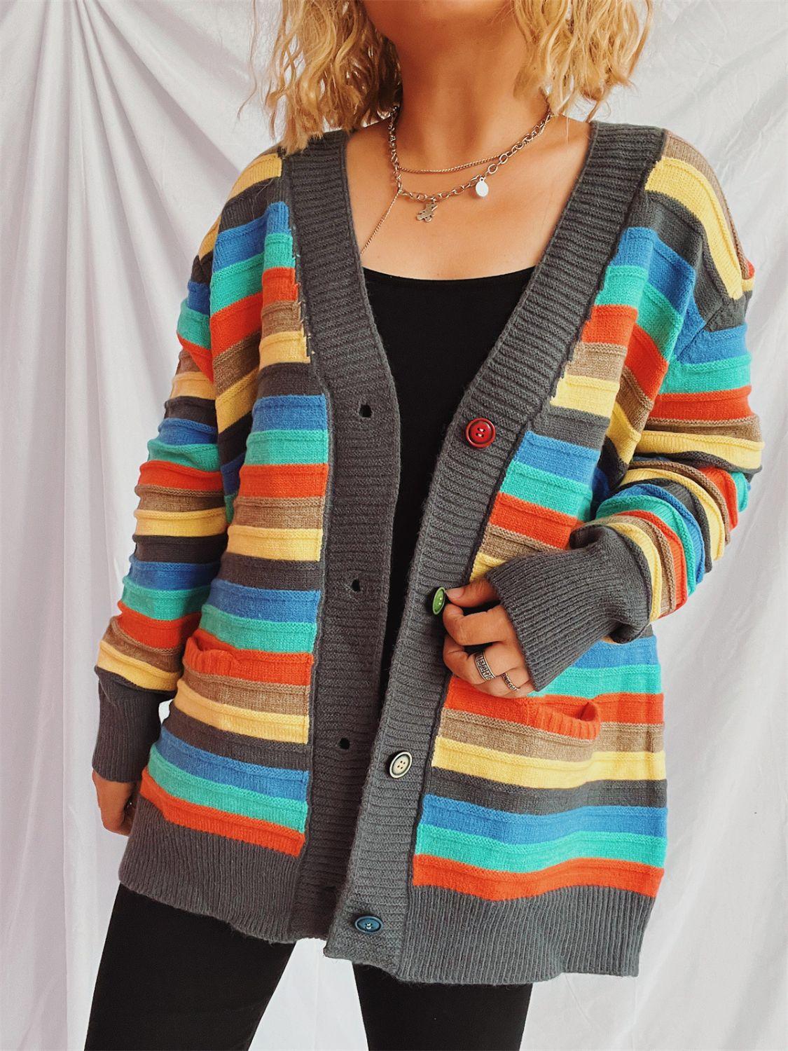 Contrast Stripes Button Up Long Sleeve Cardigan Carauana Store