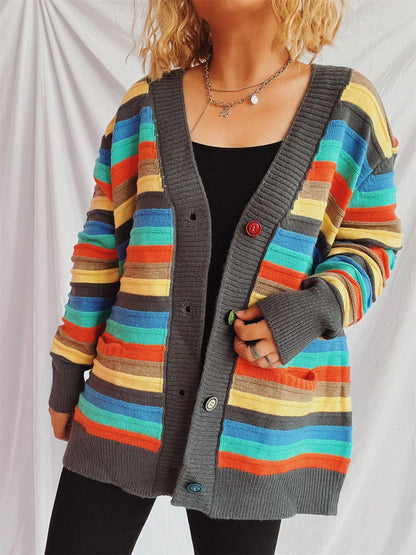 Contrast Stripes Button Up Long Sleeve Cardigan Carauana Store