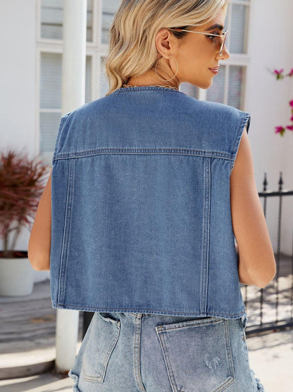 Pocketed Button Up Sleeveless Denim Jacket Carauana Store