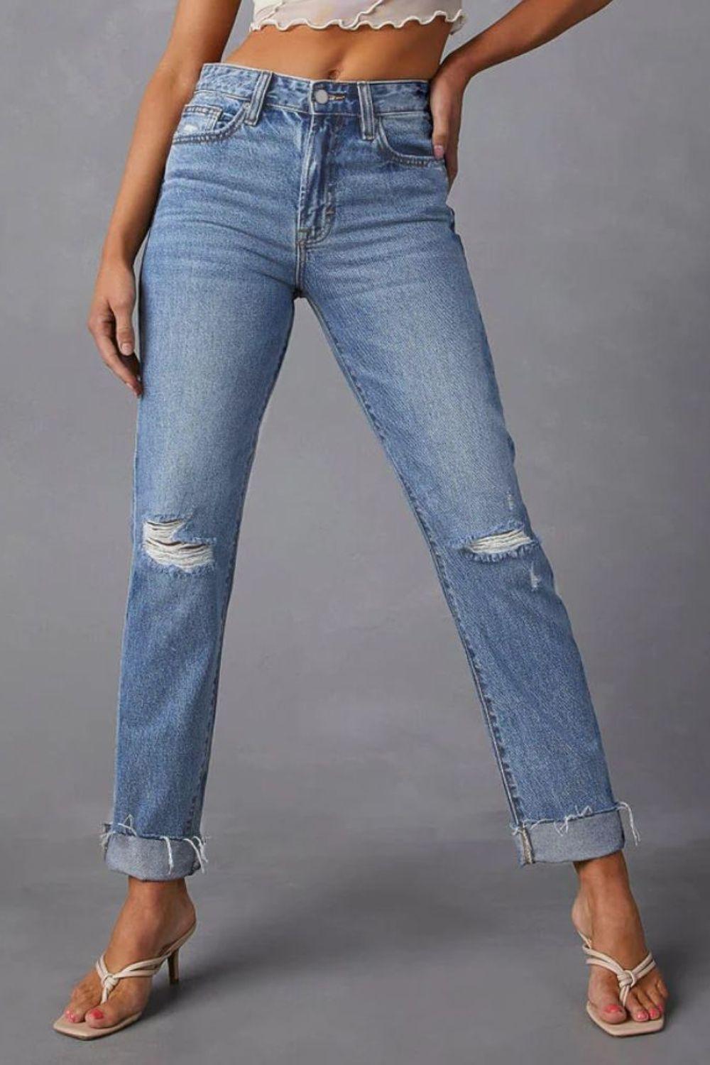 Distressed Raw Hem Straight Jeans with Pockets Carauana Store