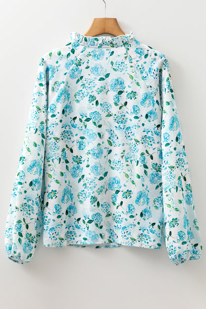 Sky Blue Floral Print Frilled Trim Tie Neck Elastic Cuffs Long Sleeve Blouse