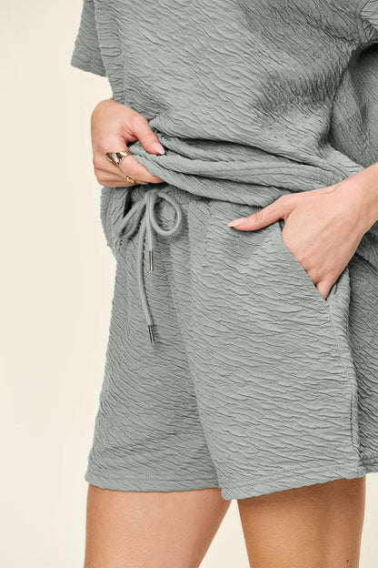 Double Take Full Size Texture Short Sleeve T-Shirt and Drawstring Shorts Set Carauana Store