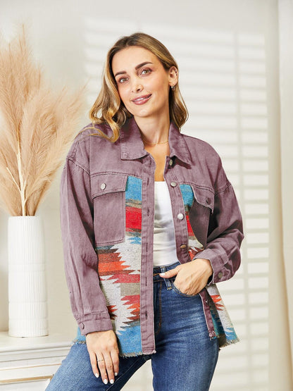 Dropped Shoulder Long Sleeve Printed Denim Jacket Carauana Store