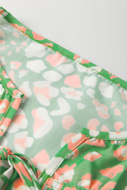 Green Abstract Leopard Tied Front Flutter Sleeve Blouse