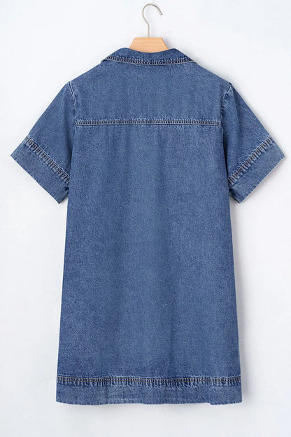 Short Sleeve Collared Patched Pocket Denim Mini Dress Carauana Store