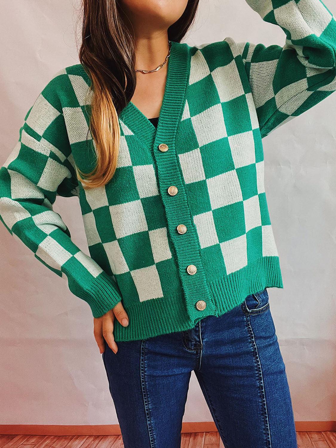 Checkered Open Front Button Up Cardigan Carauana Store