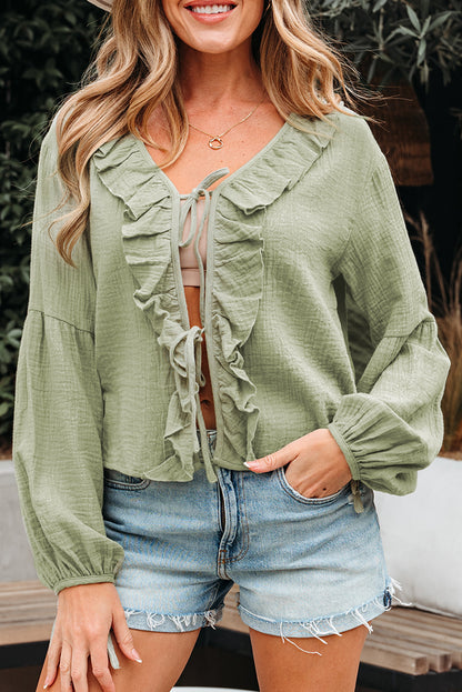 Meadow Mist Green Bow Tie Front Ruffle Trim V Neck Long Sleeve Gauze Blouse