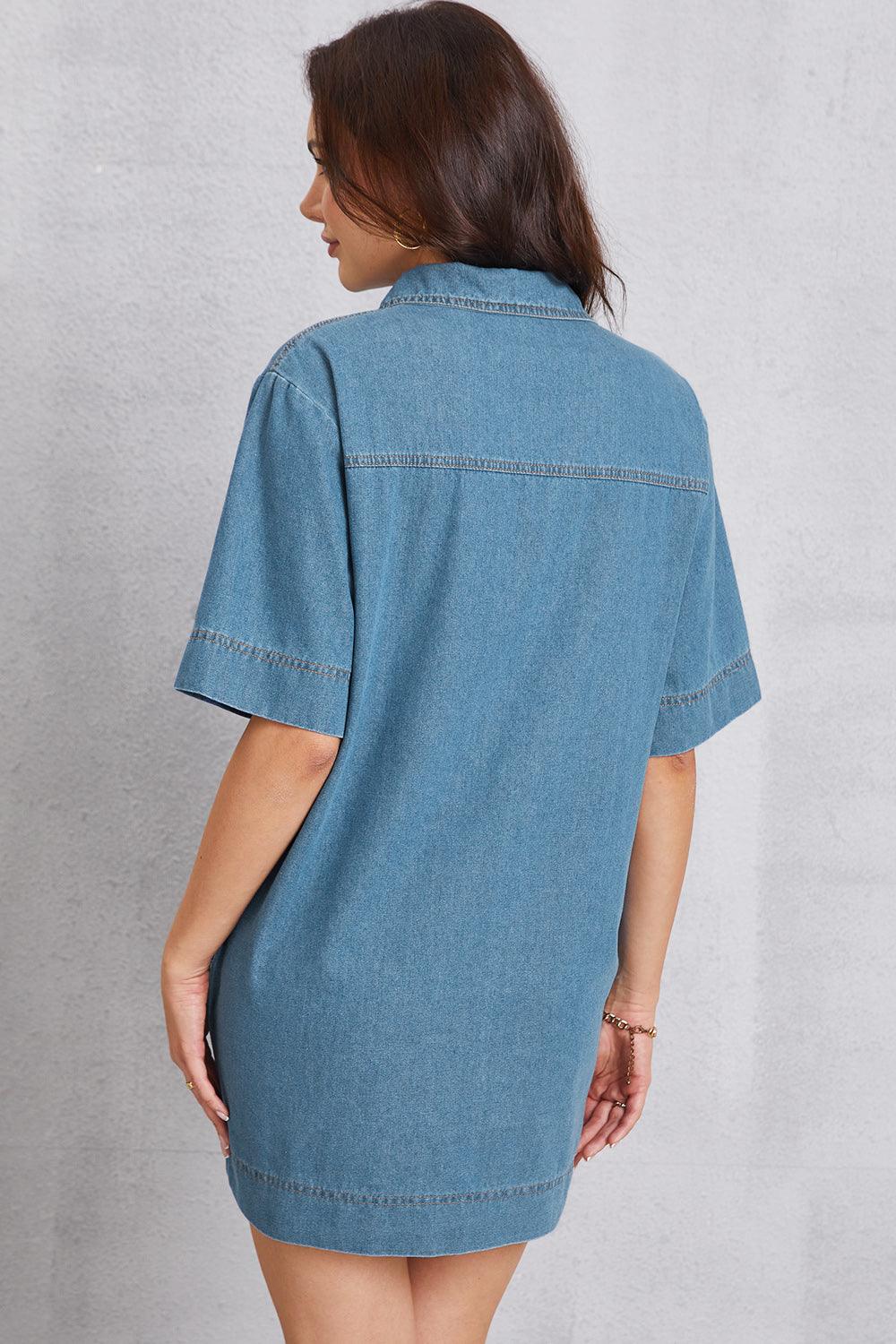Pocketed Collared Neck Mini Denim Dress Carauana Store