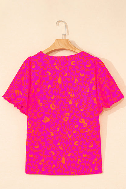 Rose Leopard Printed Puff Sleeve Top