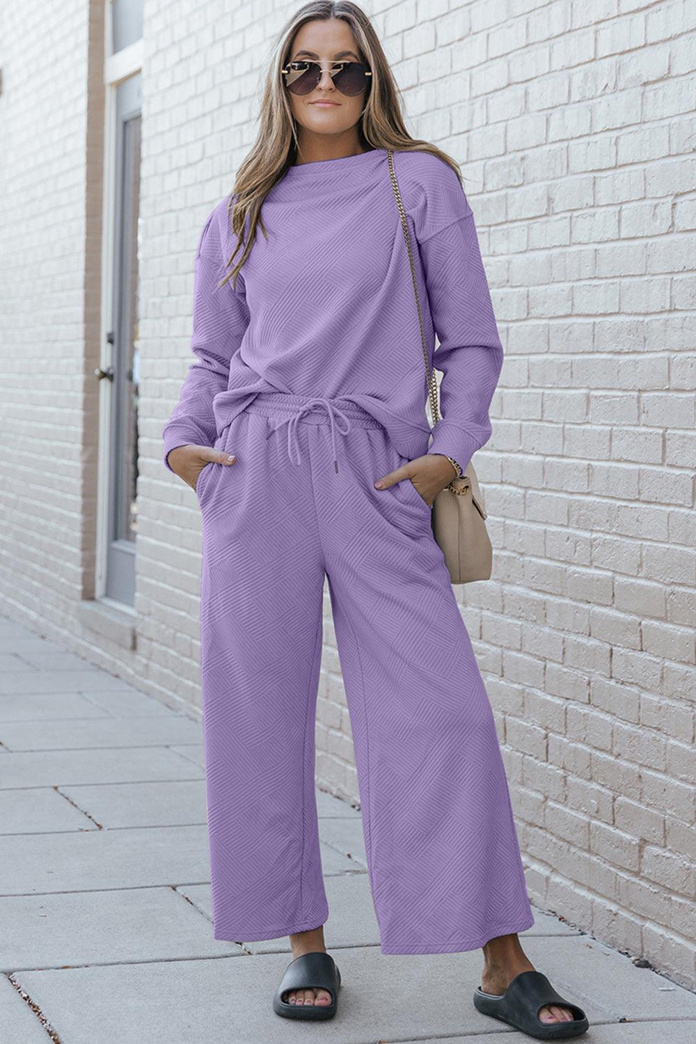 Double Take Full Size Textured Long Sleeve Top and Drawstring Pants Set Carauana Store