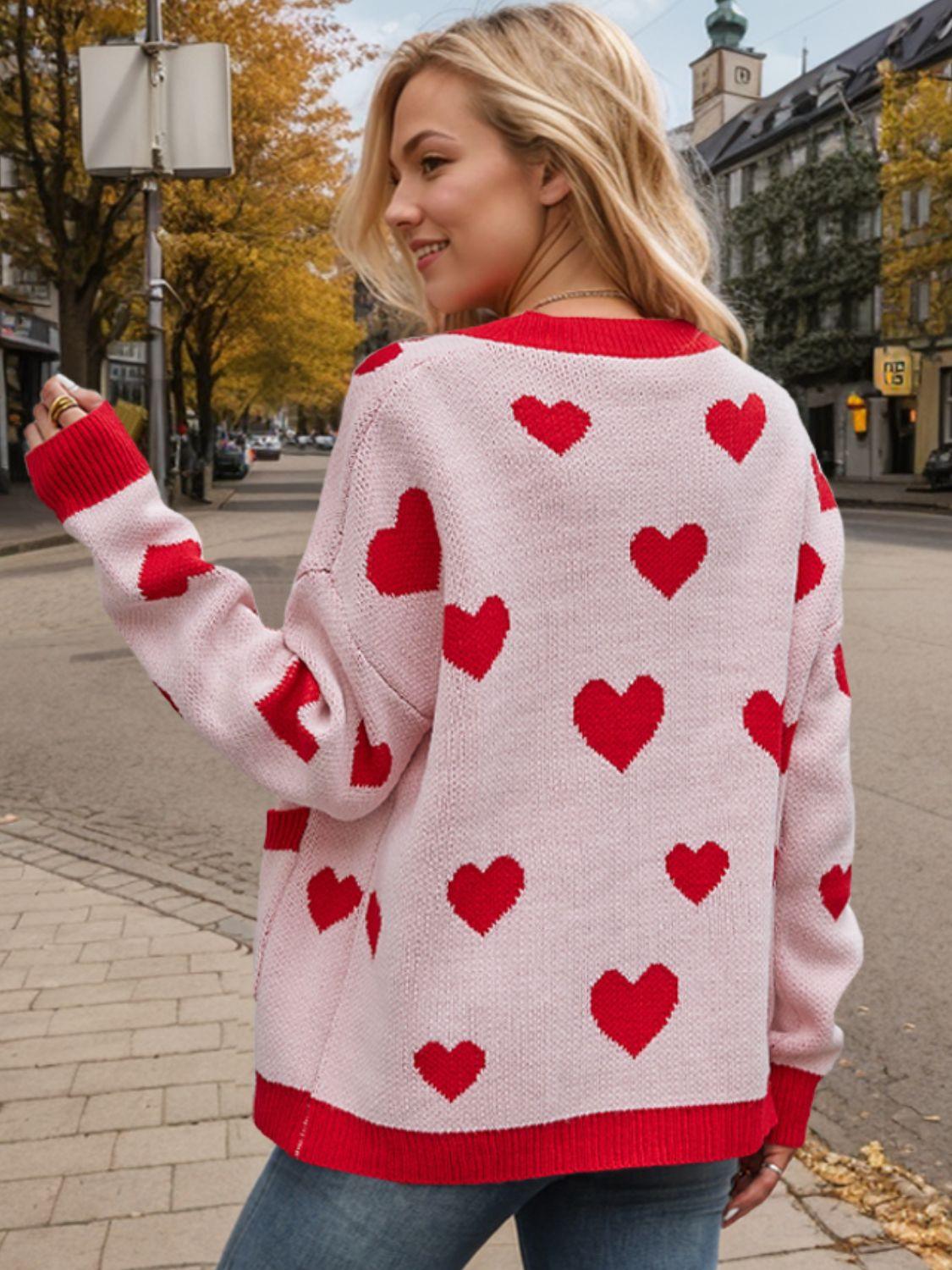 Heart Button Up Dropped Shoulder Long Sleeve Cardigan Carauana Store