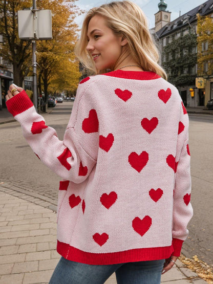 Heart Button Up Dropped Shoulder Long Sleeve Cardigan Carauana Store