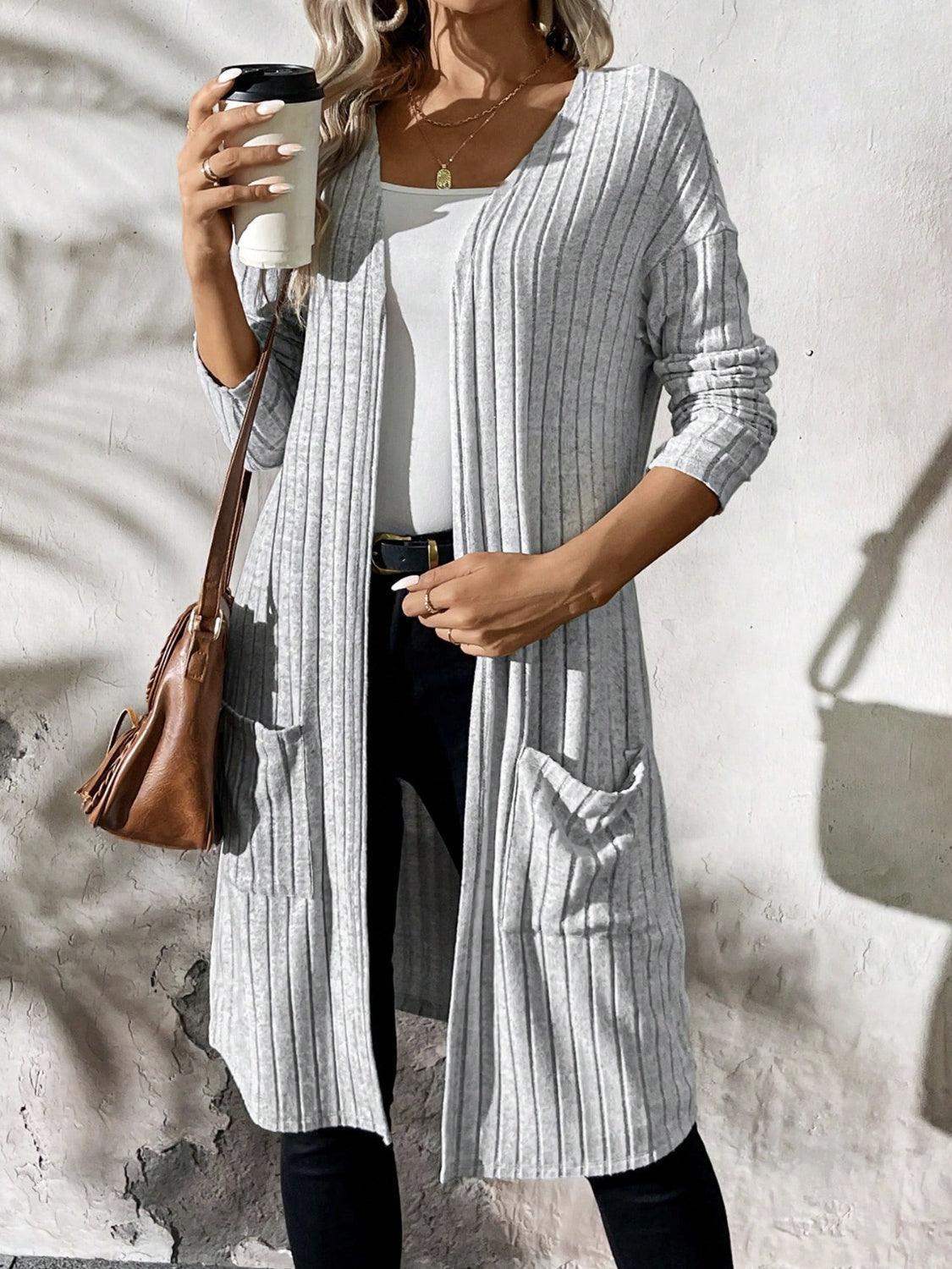 Ribbed Open Front Long Sleeve Cardigan with Pockets Carauana Store