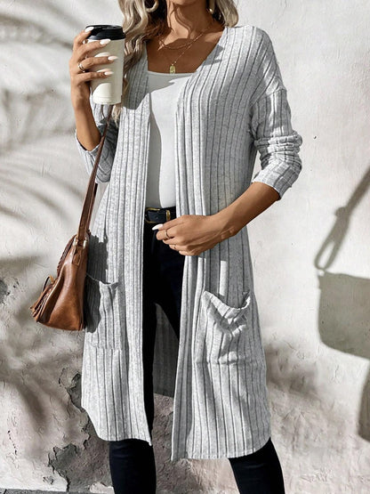 Ribbed Open Front Long Sleeve Cardigan with Pockets Carauana Store