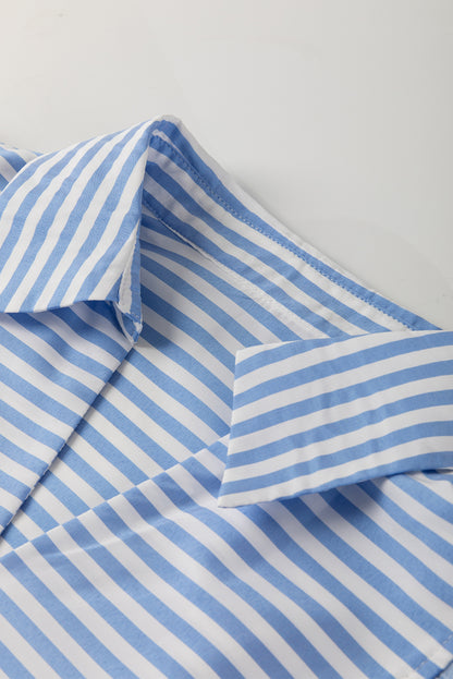 Sky Blue Stripe Shirt Collar V Neck Ricrac Trim 3/4 Puff Sleeve Blouse