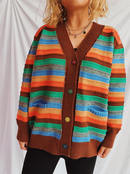 Contrast Stripes Button Up Long Sleeve Cardigan Carauana Store