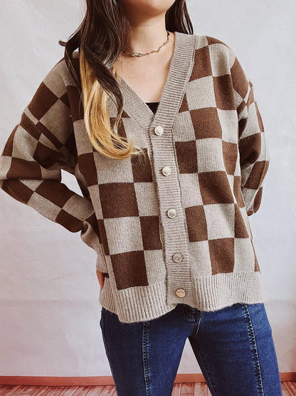 Checkered Open Front Button Up Cardigan Carauana Store