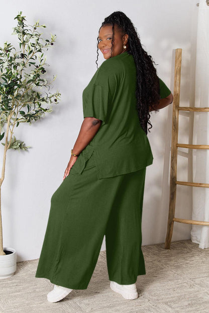 Double Take Full Size Round Neck Slit Top and Pants Set Carauana Store