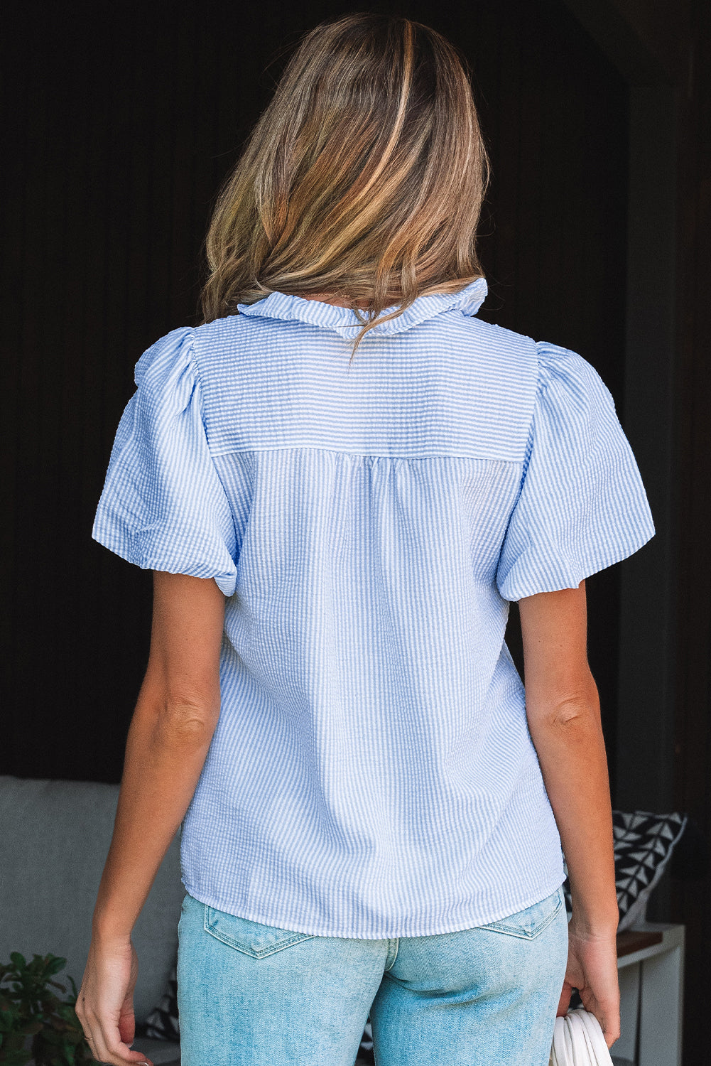 Beau Blue Striped Ruffle Short Bubble Sleeve Shirt