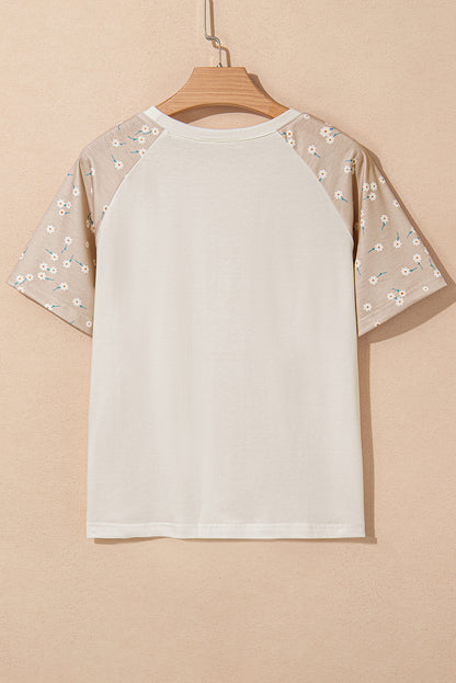 Beige Floral Print Color Block Raglan Sleeve T Shirt