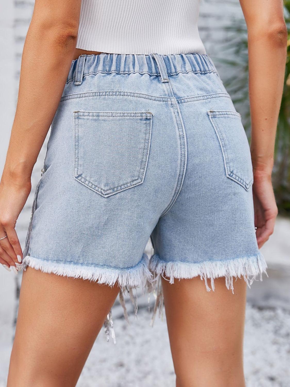 Distressed Pearl Trim Denim Shorts with Pockets Carauana Store