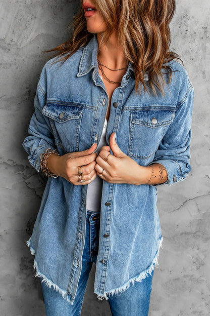 Button Up Pocketed Raw Hem Denim Jacket Carauana Store