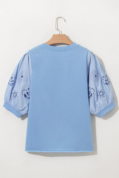 Beau Blue Eyelet Flower Embroidered Puff Short Sleeve Patchwork Crew Neck Blouse