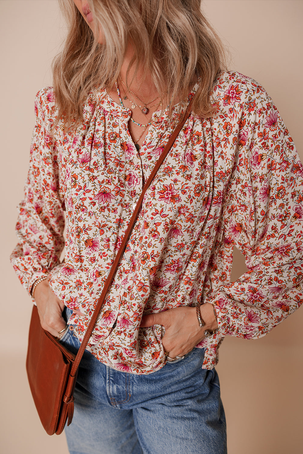 Red Floral Print Pleated Detail Notched Neck Puff Sleeve Blouse