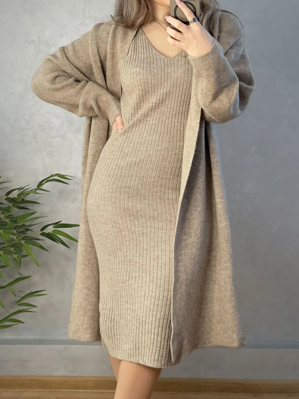 V-Neck Cami Dress and Open Front Cardigan Sweater Set Carauana Store