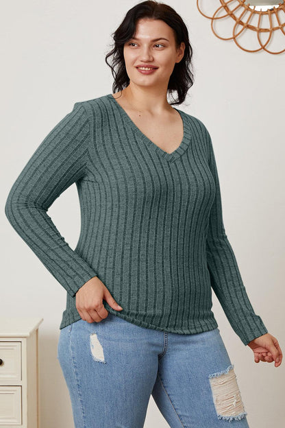 Basic Bae Full Size Ribbed V-Neck Long Sleeve T-Shirt Carauana Store