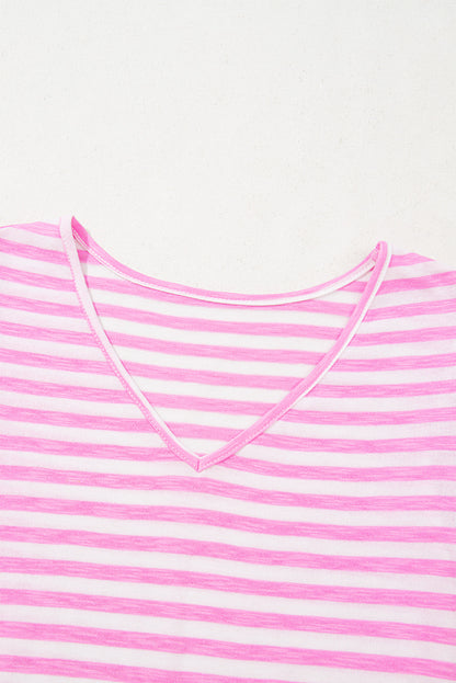Bonbon Striped V Neck Ruffle Short Sleeve Top