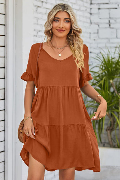 V-Neck Flounce Sleeve Tiered Dress Carauana Store