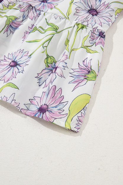 Purple Floral Print Striped Detail Split Neck Flounce Short Sleeve Peplum Blouse