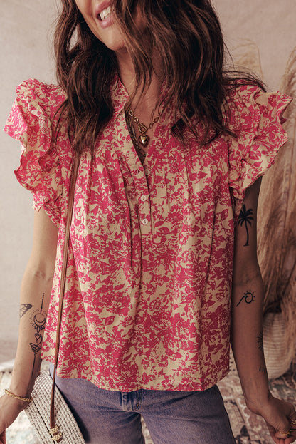 Rose Allover Printed Half Button Neck Ruffle Sleeve Blouse