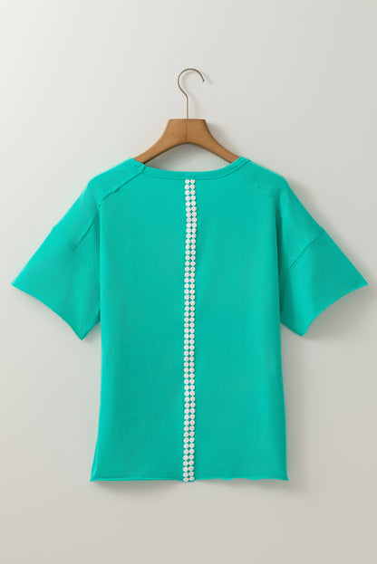Sea Green Lace Bow Raw Edge Drop Shoulder Casual T Shirt