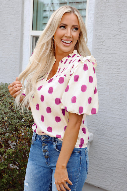 Rose Polka Dot Print Shirred Yoke Notched Neck Balloon Sleeve Blouse