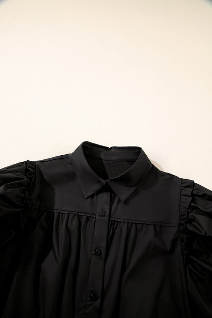 Black Frilly Puff Sleeve Stylish Collared Shirt