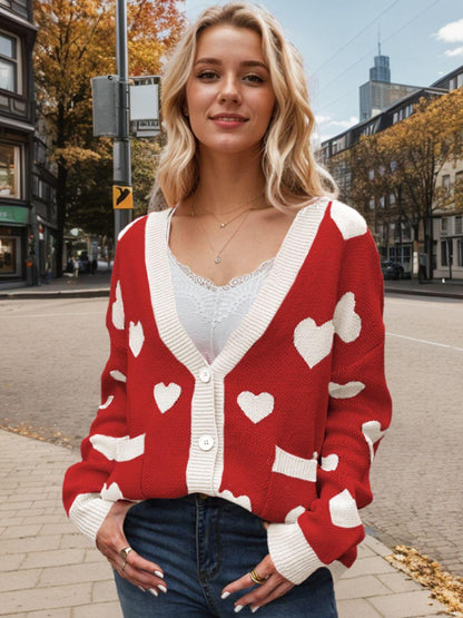 Heart Button Up Dropped Shoulder Long Sleeve Cardigan Carauana Store