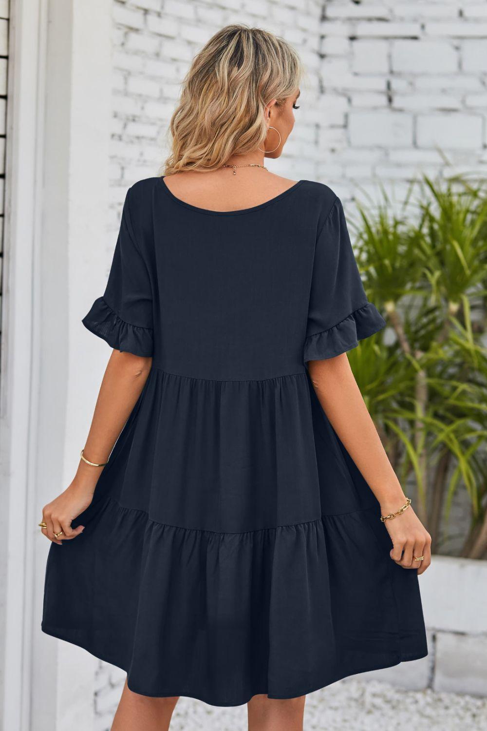 V-Neck Flounce Sleeve Tiered Dress Carauana Store
