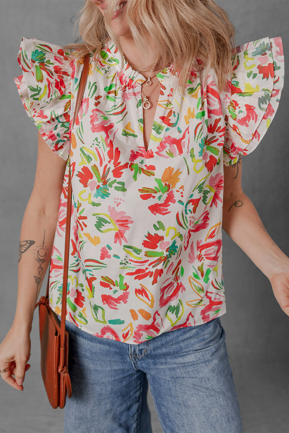 Multicolour Allover Floral Printed Flutter Sleeve Split Neck Blouse