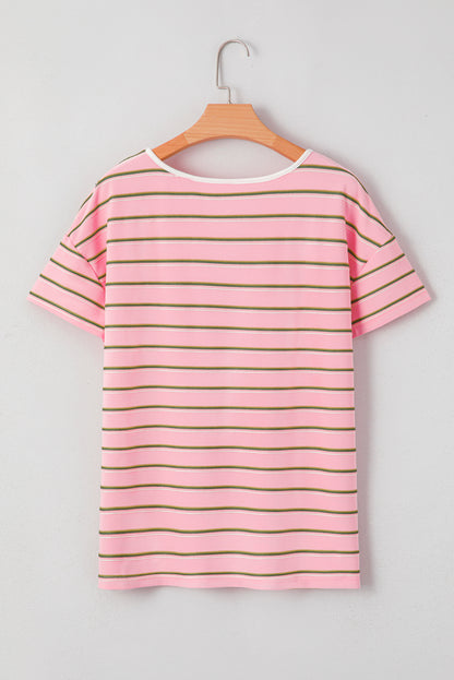Pink Stripe V Neck Slim Fit Casual T Shirt